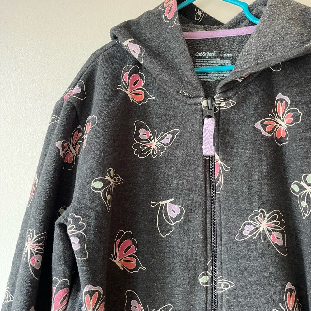 Cat & Jack Girls Butterfly Zip Up Hoodie Jacket Gray Fleece Lined Size 10/12 - Picture 3 of 9